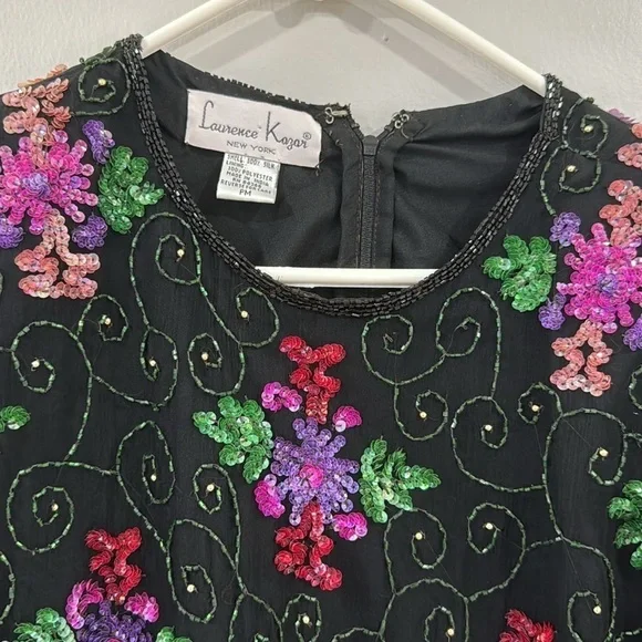 Vintage floral beaded Laurence Kazar silk blouse - Picture 2 of 7